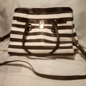 Chic Black & White Striped Handbag with Faux Fashion Lock